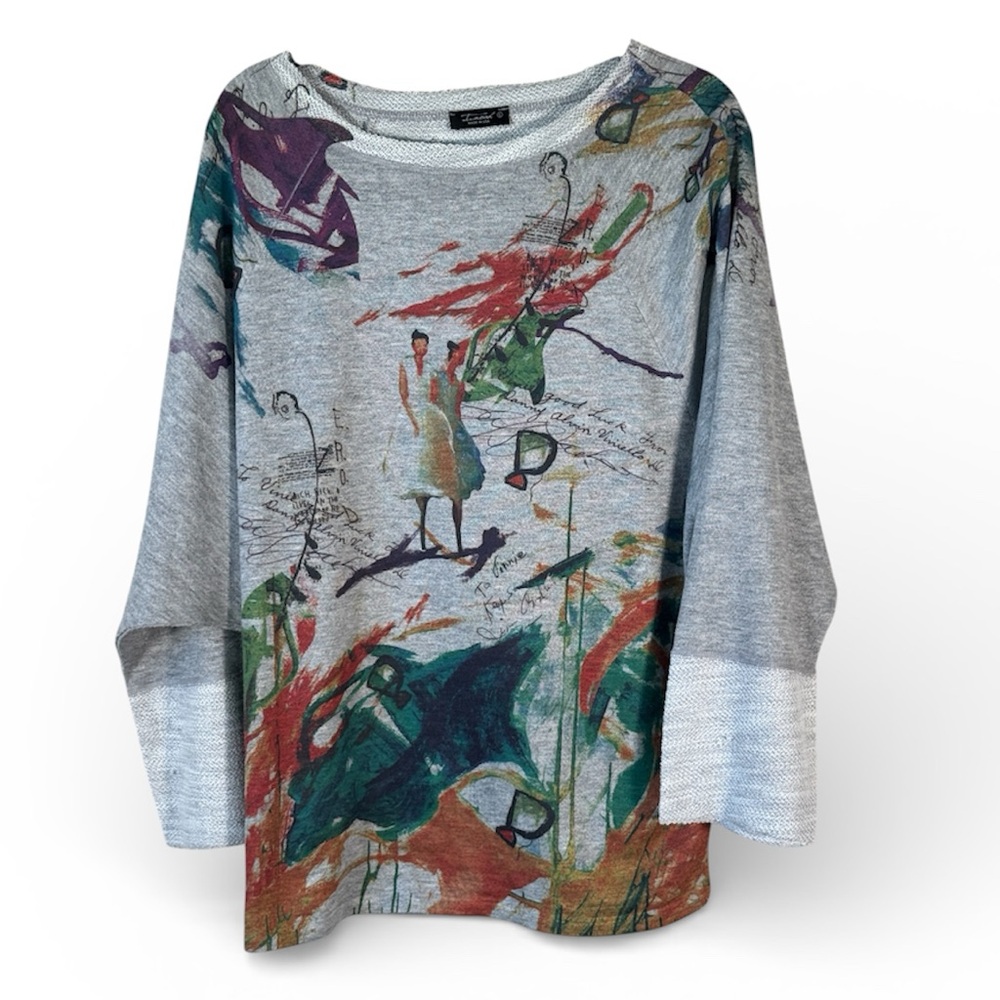 Inoah Grey Abstract Print Slouchy Sweater Womens L Lagenlook Artsy Casual Cozy